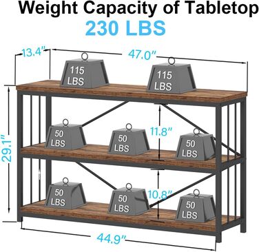 Низька полиця для книг IBF з 3 ярусами, індустріальний стиль, метал та дерево, 120x34x74 см, коричневий