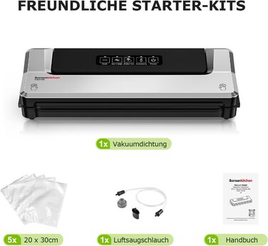 Вакууматор Bonsenkitchen для су-від (Sous Vide) та зберігання продуктів, вакуумний пакувальник з 5 пакетами в комплекті, сріблястий