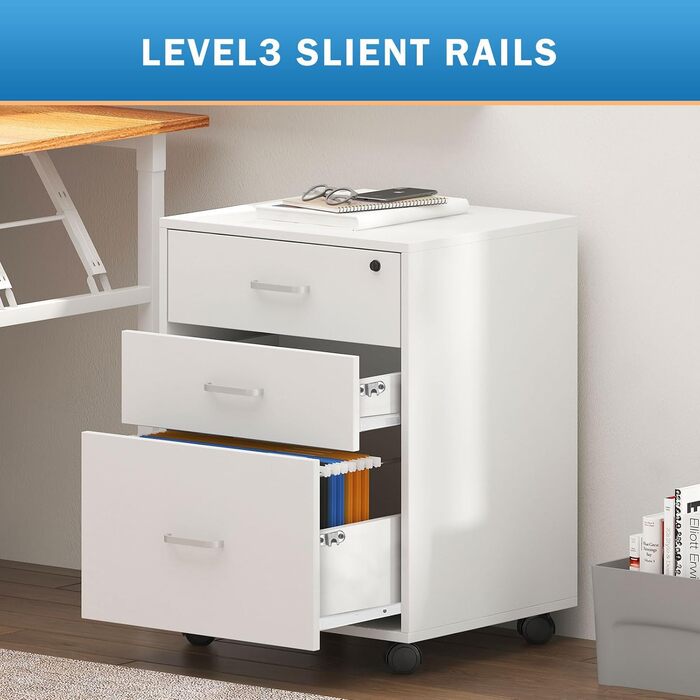 Шафа для документів на колесах SogesHome, офісний контейнер з 3 висувними ящиками, білий, з замком