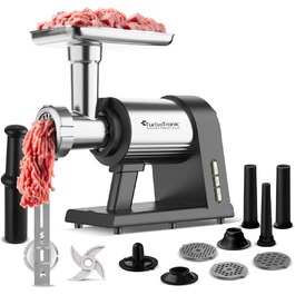 Електрична м'ясоподрібнювач TurboTronic Samurai 2600W з набором аксесуарів: для ковбас, печива, кеббе та подрібнення овочів. Корпус з нержавіючої сталі, металеве редукторне зчеплення.