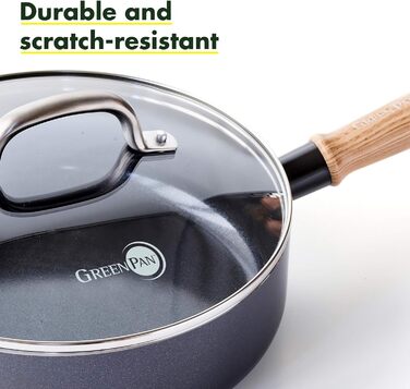 Сковорода GreenPan Hudson 3QT з кришкою, вінтажна дерев'яна ручка, без PFAS, можна мити в посудомийній машині, чорна