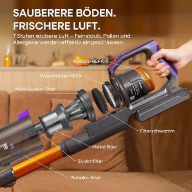 Акумуляторний пилосос KIPMAX 50000Pa, 550W, 70хв, 1.5л, з дисплеєм, анти-заплутальна щітка, 7-шаровий фільтр, 2 аромапластини, для килимів, шерсті тварин, твердих підлог, фіолетово-золотий