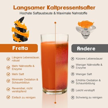 Фреш-прес Fretta Slow Juicer: Швидкий та Зручний Електричний Соковитискач для Овочів та Фруктів (1.8л, 250W, Чорний)