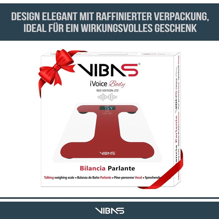 Ваги для ванної кімнати VIBAS iVoice Body Talking, для сліпих або літніх людей, розмовляють 5 мовами, чіткий голос, повторення ваги, регульована гучність, в т.ч. батарейки (червоний)