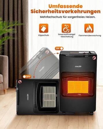 Газовий обігрівач Cooltop 4200W з керамічним нагрівачем, для дому, на бутан/пропан, без балончика, з регулятором та шлангом (чорний)