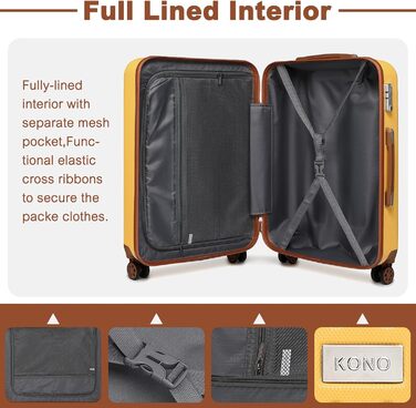 Набір валіз KONO: 4 валізи з ABS пластику, коліщата Spinner, TSA-замок, жовтий колір