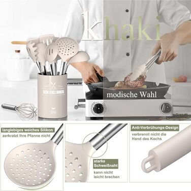 Набір кухонних помічників, 26 предметів: силіконове кухонне приладдя з нержавіючою сталею, стійке до нагрівання, з підставкою, антипригарне, для посудомийної машини - Хакі