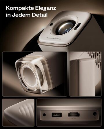 Портативний проєктор Aurzen Boom Air Mini з Google TV та Netflix, 4K, USB-C, Smart, Dolby Audio, WiFi, Bluetooth, автофокус TOF, поворотний штатив, кремово-білий