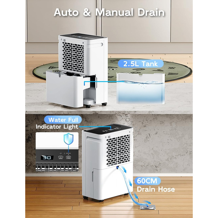Електричний осушувач повітря 12л/24г з автоматичним та безперервним зливом (шланг у комплекті), для спалень та підвалів, LED-дисплей, тихий, з таймером