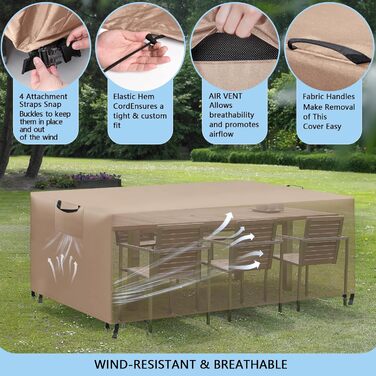 Водонепроникний чохол для садово-патіо меблів, 420D Oxford, захист від вітру та UV, міцний, для садових столів та груп, 180x120x74 (Хакі, 300x200x90cm)