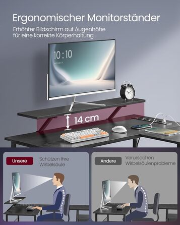 Письмовий стіл VASAGLE L-подібний з розетками, LED, USB, 150x120x76 см, домашній офіс, LWD095K01 (чорне дерево)