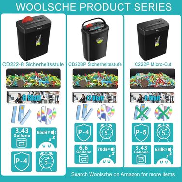 Шредер для документів Woolsche CD222-8: 8-аркушевий, P-4, з перехресним різанням, для офісу та дому