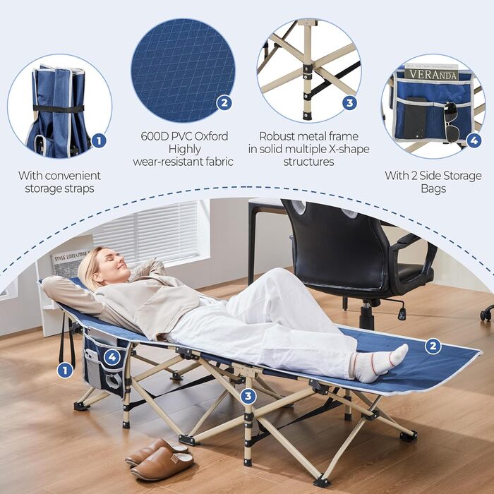 Розкладне кемпінгове ліжко Yaheetech для відпочинку та риболовлі, темно-синє, витримує до 150 кг, з кишенею та сумкою для транспортування