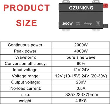 Інвертор GZUNKNG 2000 Вт/4000 Вт Перетворювач напруги з чистою синусоїдою 24 В до 230 В з РК-екраном, 2 вилки ЄС, 2 вентилятори охолодження для автомобіля, Type-C, оснащений зовнішнім перемикачем керування проводкою 24V2000W