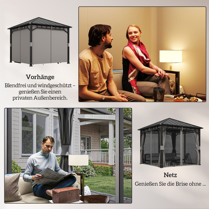 Газонний павільйон 3x3 м, водовідштовхувальний, стабільний, зимостійкий, з бічними панелями, сіткою та гачками, з твердим дахом (Hardtop), темно-сірого кольору