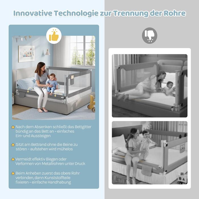 Бортик для ліжка WOLTU 150 см, захисний бар'єр для дітей та немовлят, регульована висота 69-87 см, тканина Оксфорд, металевий каркас, темно-сірий