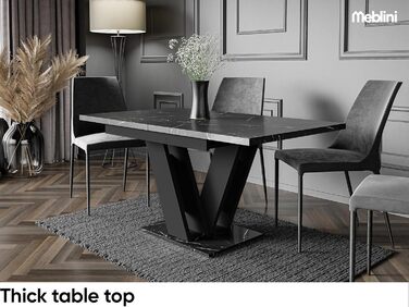 Обідній стіл Mebleini розсувний, сучасний, чорний глянцевий/білий глянцевий (120-160x80x75см, чорний мармур/чорний матовий)