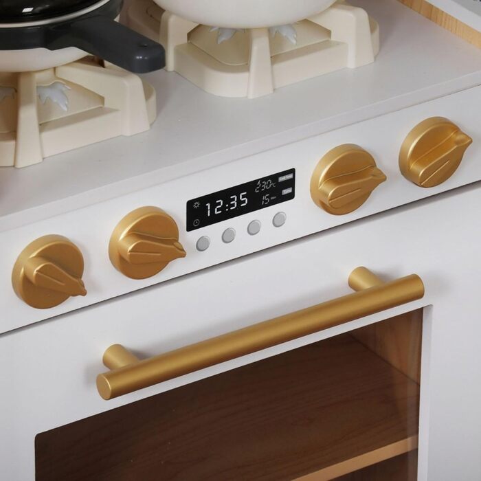 Дерев'яна кухня Мамабрум XXXL з LED-підсвічуванням та диспенсером для кубиків льоду - дитяча кухня з аксесуарами (мікрохвильова піч, посуд, столові прибори) для дітей 3+