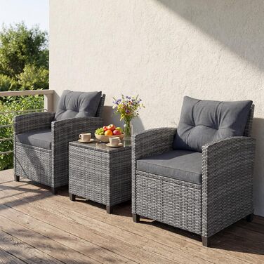 Набір садових меблів GIANTEX з ротангу для балкона та саду: 2 крісла та стіл, сірий з сірим (3 предмети) з подушками