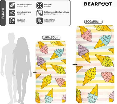 Пляжний рушник з мікрофібри BEARFOOT XXL з кишенею Швидковисихаючі рушники - Рушник з мікрофібри великого розміру-надлегке / аксесуари для відпочинку і пляжу або в якості рушника для сауни (200x90 см, морозиво)