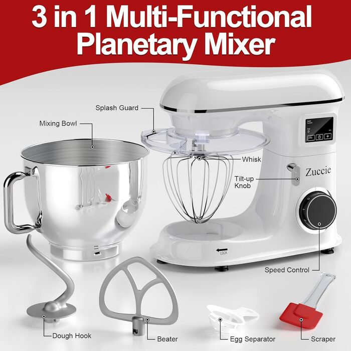 Кухонна машина 1500W 8L з 6 швидкостями, функцією ферментації та LCD-дисплеєм (біла)