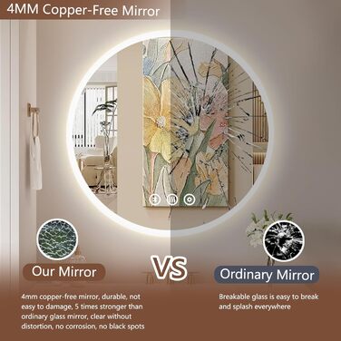 Дзеркало для ванної кімнати Habison з підсвічуванням LED, 70x70 см, з годинником, сенсорним вимикачем, регулюванням яскравості, запобіганням запотіванню та 3-х рівневим збільшенням.