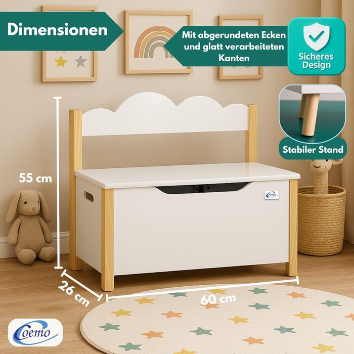 Дерев'яна іграшкова скриня Coemo з банківкою, білий колір, Trudi, 60x26x55 см – банківка для дитячої кімнати з місцем для зберігання, іграшкова скриня з безпечним шарніром, дитяча висота сидіння, декоративний дизайн хмаринок