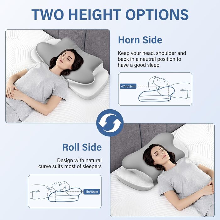 Подушка для шиї з піною Memory Foam, дихаюча, ергономічна, 65x37x10/12 см (срібна)