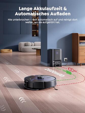 Робот-пилосос Vyzzle з вологою тканиною 5500 Па, док-станція 3.5л, для шерсті тварин, килимове покриття, керування через додаток, голосове керування Alexa & Google Assistant (Чорний)