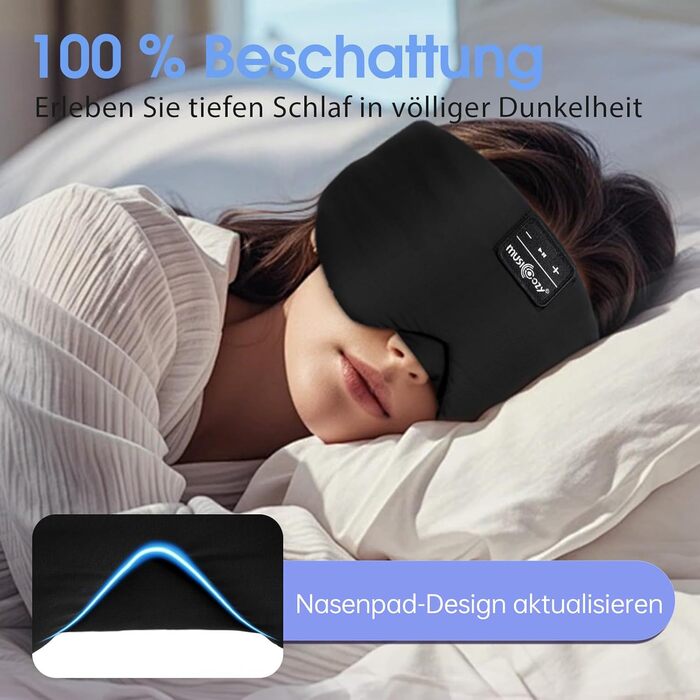 Маска для сну з Bluetooth навушниками, 100% затемнення, шовкова, для чоловіків та жінок, м'які навушники, Bluetooth маска для сну, подорожей (Чорний)
