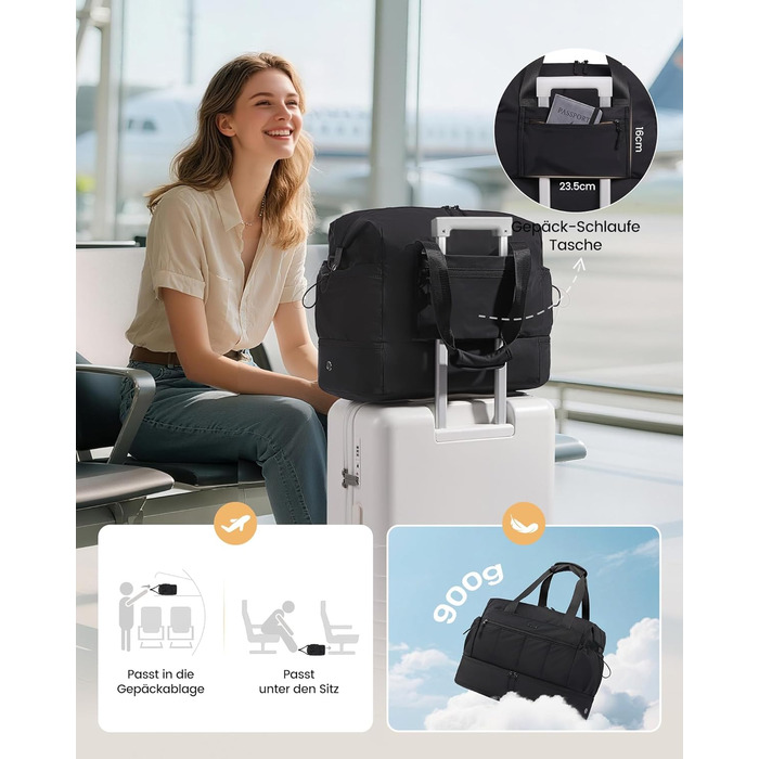 Сумка-валіза LOVEVOOK для жінок, легка, на вихідні, ручна поклажа, спортивна сумка-дуffel, водонепроникна, з відділенням для взуття (чорна, L-37л)