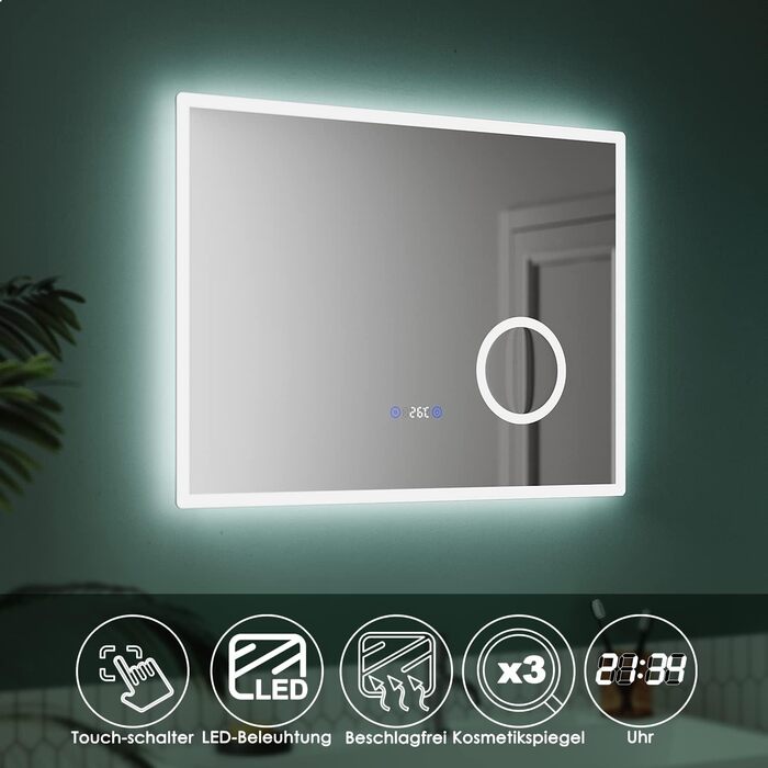 Дзеркало для ванної кімнати Badspiegel 80x60 см з підсвічуванням та антизапотіваючим покриттям LED, 3 колірні температури, IP44, для стін (Тип A)