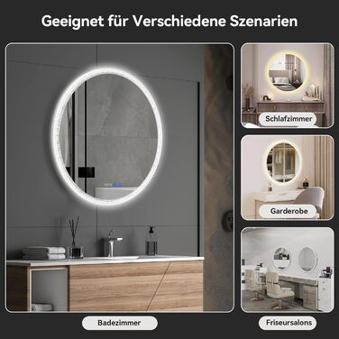 Дзеркало для ванної кімнати YOURLITE з підсвічуванням, діаметр 60 см, LED, 3 кольори, регулювання яскравості, сенсорна кнопка, антизапар, пам'ять, IP44, срібний
