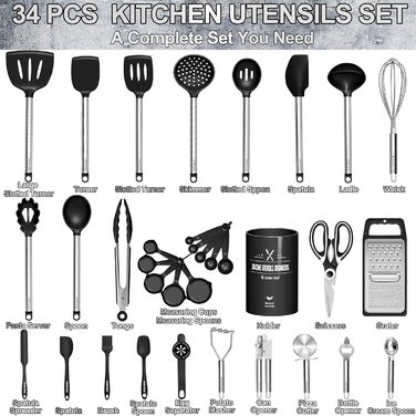Набір кухонних аксесуарів Umite Chef, 34 шт., силіконовий, для антипригарного посуду, з нержавіючою сталею, чорний