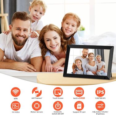 Цифровий фоторамка 10.1 дюйма з Wi-Fi, 32 ГБ пам'яті, сенсорний IPS екран 1280x800, підтримка фото/відео через додаток, датчик руху, чудовий подарунок