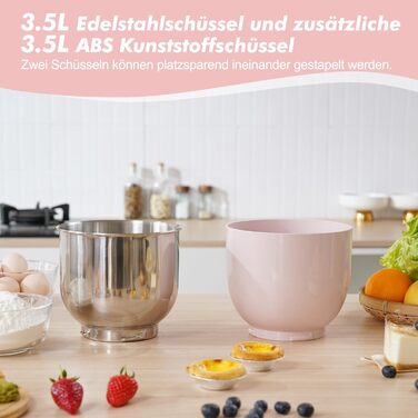 Кухонна машина Kitchen in the Box (Рожева) з двома чашами 3.5L, 10 швидкостей, з міксером та гаком для тіста