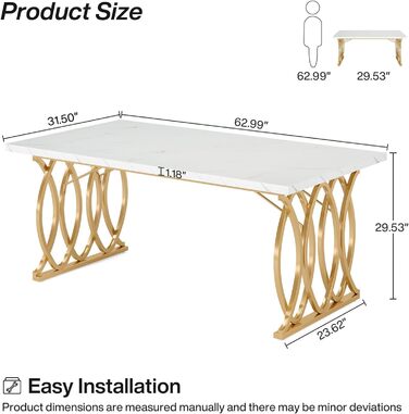 Білий обідній стіл 160x80 см з металевим каркасом та стільницею з акрилового каменю (Kunstmarmor) - для їдальні та кухні