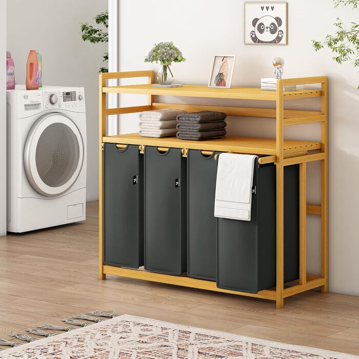 Кошик для білизни AdelDream Premium 200L з 4 відділеннями, бамбуковий каркас, знімний мішок, бежевий колір. Підходить для ванної кімнати та спальні