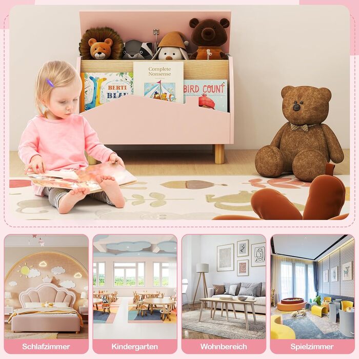 COSTWAY Скринька для іграшок з полицями, дерев'яна іграшковий ящик з кришкою, органайзер для дитячих іграшок, комод для іграшок в дитячу кімнату, 60x30x44 см (Білий, Рожевий)