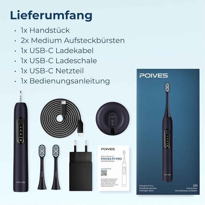 Електрична зубна щітка POIVES P1 Pro з датчиком тиску, 72000 рухів, 4 роки гарантії, 111 днів без ризику, тривалий час роботи, колір: Midnight Blue