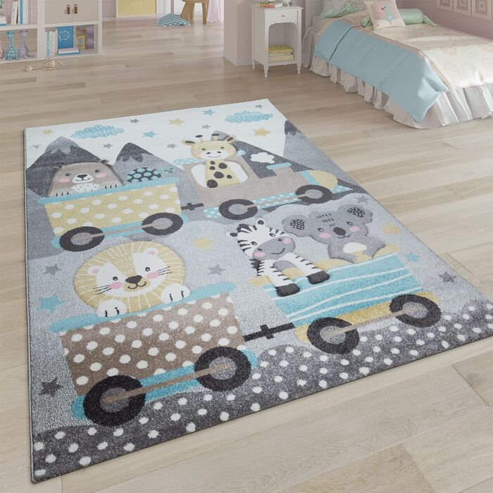 Домашній дитячий килим Paco, килимок для дитячої кімнати, ігровий килимок для хлопчиків і дівчаток, 3D контурний малюнок у вигляді тварин, сірий, жовто-коричневий, Розмір120x170 см (120 см круглої форми)