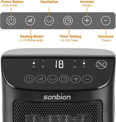 Керамічний тепловентилятор SONBION 1800 Вт PTC з дистанційним керуванням, термостатом, таймером, коливанням 70, 40 дБ (чорний)