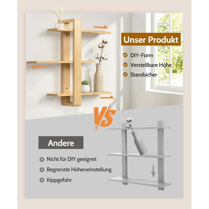 Полиця настінна SUMGAR з дерева, плаваюча, три яруси, 50x58 см (біла/дерево) для вітальні, спальні