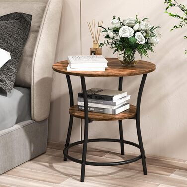Рівневий круглий журнальний столик, приліжкова тумбочка з металевим каркасом, диванний стіл для спальні, вітальні та кабінету, промисловий дизайн, 55 x 55 x 55 см (вінтаж), 2-