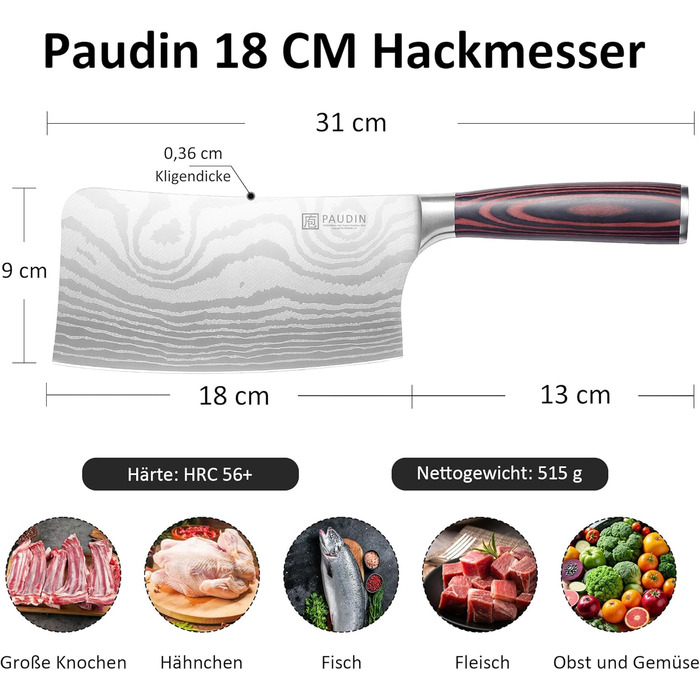 PAUDIN Ніж Сантоку з Дамаської сталі 13 см, професійний кухонний ніж для кухні, надзвичайно гострий, з високоякісної нержавіючої сталі та ергономічною ручкою G10 (ніж-сікач 18 см)