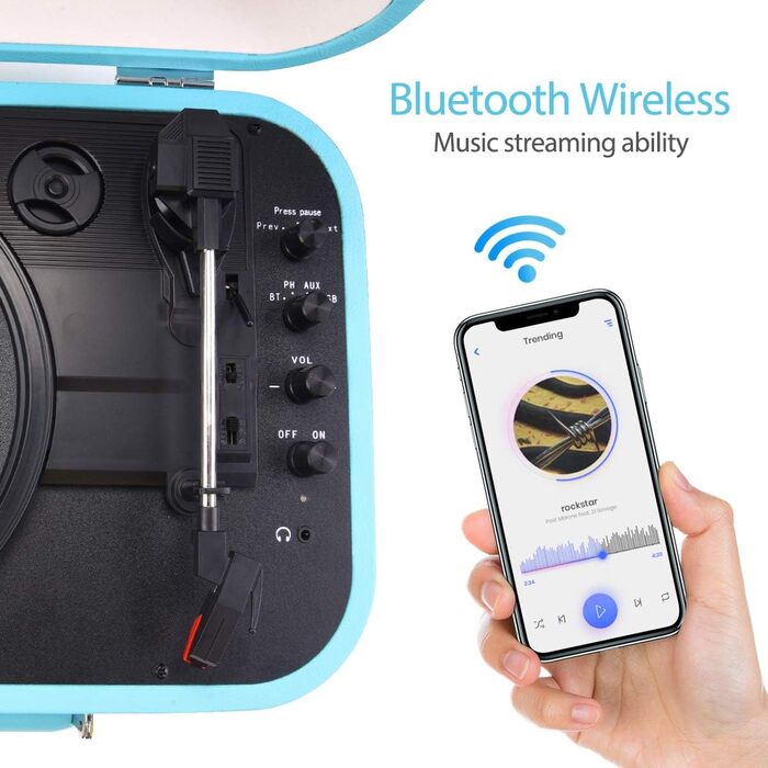 Вініловий програвач з Bluetooth 5.4, вбудованими динаміками, USB, RCA/AUX, переносний у ретро-стилі, 33/45/78 об/хв, синій
