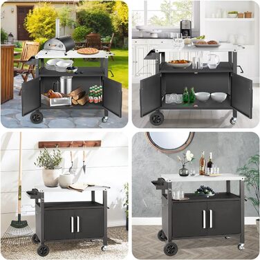 Набір для гриля з великою робочою поверхнею | Гриль-стіл, вуличний гриль-тролей, стіл з нержавіючої сталі для саду, срібно-чорний 112*59*82см