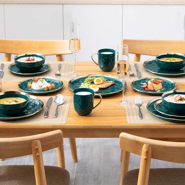 Набір для обіднього сервізу LOVECASA, набір посуду з кераміки SWEET, посуд із золотим обідком, комбінований сервіз із 16 предметів на 4 особи з обідньою тарілкою, десертною тарілкою, мисками та чашками (темно-зелений, 32 шт. Столовий сервіз)