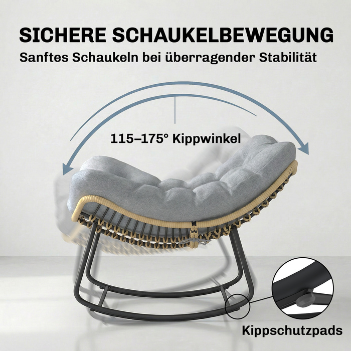 Ротангове крісло-гойдалка для саду з товстими подушками, вуличний/кімнатний гойдалка до 120 кг, 87 x 110 x 70 см, сірий колір