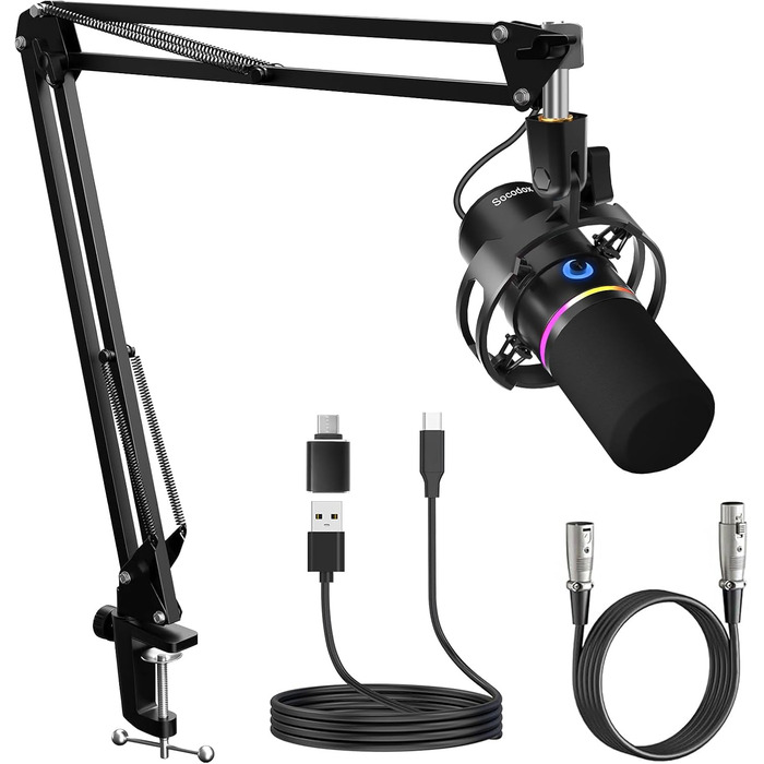 Сокодокс XLR/USB мікрофон з підставкою, мікрофон для стрімінгу з шумозаглушенням, регулятором гучності, мікрофон для подкастів, студії, геймінгу та запису